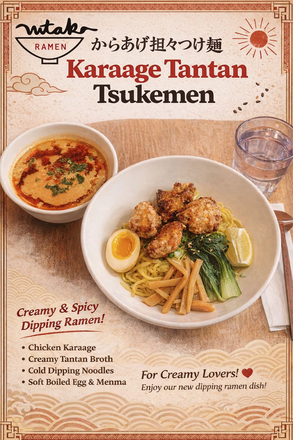 Karaage Tantan Tsukemen — creamy tantan dipping ramen with crispy karaage chicken at Mr. Taka Ramen